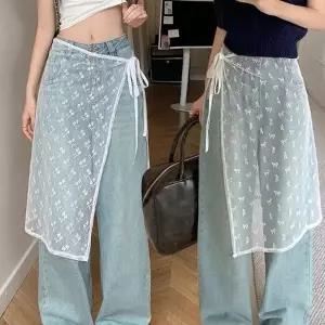 유니크 코디 시스루 레이어드 패턴 레이스 치마 요가