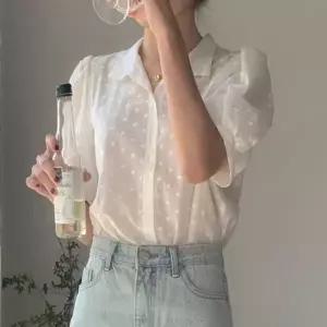 여성 청순 이 시스루 퍼프 소매 반팔 카라 여자 프릴
