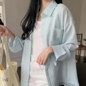 여성 여름 긴팔 셔츠 이 커버업 시스루 오 흰색