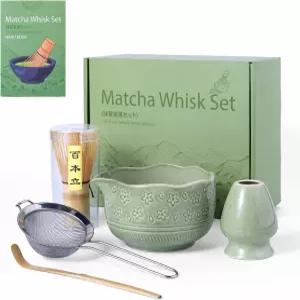 말차 거품기 세트 키트 5개에는 18OZ 세라믹 그릇과 스파우트 대나무 홀더 스쿱 애호가 또는 초보자를 위한