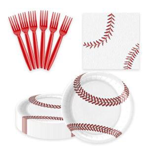 EVYIEN 75PCS 야구 종이 접시 및 냅킨 파티 용품, 7인치 일회용 식기 세트 포크 스포츠 생일 디너웨어 키트 25명의 손님에게 제공
