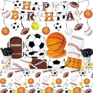 QIYANPAX 스포츠 생일 파티 장식, 테마 접시 및 냅킨 야구 축구 농구 일회용 식기가 파티에 20명의 손님에게 제공됩니다