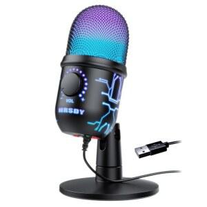 MRSDY 게이밍 마이크 PC MAC PS4/5용 USB 컴퓨터 스튜디오 녹음 유튜브 스트리밍용 콘덴서 팟캐스트 헤드폰 잭 포함 LED 조명 음소거 이득 노이즈 캔슬링