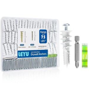 LEYU 140PCS 자체 드릴링 건식 벽체 앵커 및 나사 키트 #8 x 1-1/4 u201D, 선반 걸이용 헤비 듀티 시트록 앵커, 액자, 커튼, 프리 없음, 플라스틱