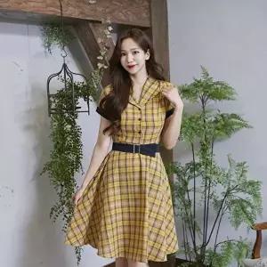 [교복몰]고품질 TBZ 교복몰 옐로우 체크 벨트 원피스 레트로 복고의상 개화기원피스 컨셉의상대여 WFMERV7