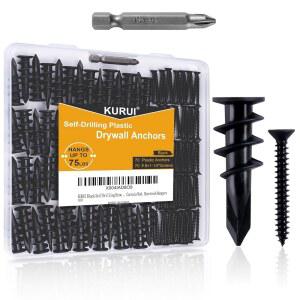 KURUI 140PC 블랙 셀프 드릴 드라이월 앵커, #8 앵커 및 플랫 헤드 스크류 키트, 70개 + 나사 70개, 액자 벽 장식 아트용 75LB 헤비 듀티 걸이, 시트록 행거