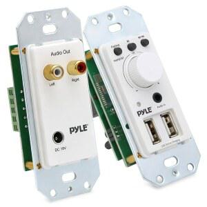 PYLE BLUETOOTH 수신기 벽걸이 - 벽 내 오디오 제어 수신기 듀얼 USB 충전 포트 사운드 시스템용 3.5MM AUX 입력 홈 시어터 엔터테인먼트용 DC 전원 어댑터 포함 PWPBT67