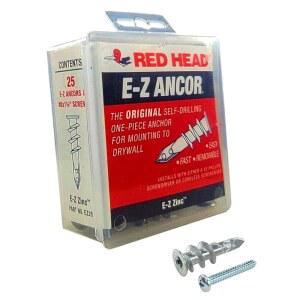 E-Z Ancor 25 Qty Red Head EZ 아연 금속 자가 드릴 드라이월 앵커 나사 포함 | 최대 75파운드 EZ25