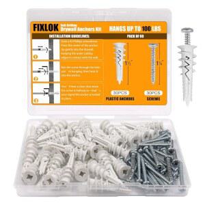 FIXLOX 60PCS #8 나사 키트가 있는 자체 드릴링 드라이월 앵커 - 30#8 1-1/4인치 및 30개의 나일론 앵커, 사전 드릴 필요 없음, 매달기 위한 100LBS 헤비 듀티