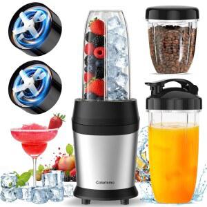 콜라레모 12피스 스무디 블렌더 메이커 얼음 분쇄 & 냉동 음료용 25,000RPM 개인 23온스, 32온스, 37온스 휴대용 컵 2개, 6잎 스테인리스 스틸 블레이드, 실버