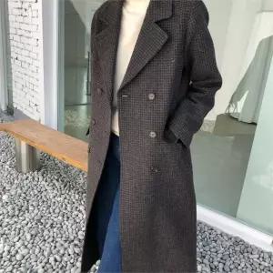[러빙엠]뒷트임 어반 체크 롱 따뜻한 심플 울80 더블 코트 (6321806A)