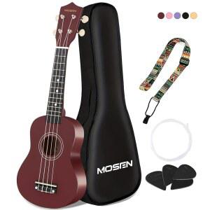 MOSEN 21인치 초보자를 위한 우쿨렐레, 소프라노 우쿨렐레 초보자 키트, 긱백 스트랩이 포함된 미니 기타 여행 번들 나일론 스트링 솔리드 우드 우케 선물(브라운)