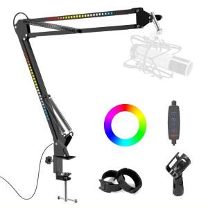 심플루피 RGB 붐 암, 조절 가능한 마이크 스탠드, 데스크 마운트 클램프 및 클립, HyperX 쿼드캐스트, 블루 예티, 로드, 슈어 SM78과 호환되어 스트리밍, 게임, 유튜브 녹화(블랙) 가능