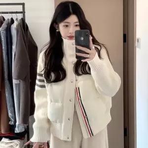 가디건 러벨 여성 니트 소매 배색 하이넥 집업 겨울 숏점퍼 경량패딩