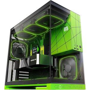 기하학적 미래 M5 강화 유리 미드 타워, E-ATX /ATX 게이밍 케이스, 1.2mm 스틸, 타입 C, 공구 없는 패널, 420/360 라디에이터 지원, ARGB PWM 140m 팬 x 5 사전 설치, 블랙 / 그린, GEO-M5F-BNY