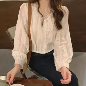 크롭블라우스 가을 여자셔츠 브이넥 긴팔 여성 펀칭 봄 프릴블라우
