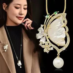 핵진주 나비 펜던트 목걸이 겸용 지르코니아 브로치-WFMX870