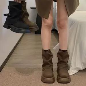 여성 2컬러 스웨이드 와이드 레이스업 셔링 미들부츠