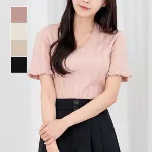 브이넥 소매 프릴 포인트 러블리 여성 니트 반팔티 니트카라 반팔 니트 크롭 반팔니트