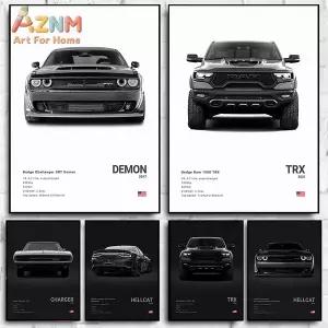 유모차 바퀴 교체 AZNM Dodge Challenger SRT Demon Ram 1500 TRX 흑백 벽 예술 프린트 단일 프레임 없는