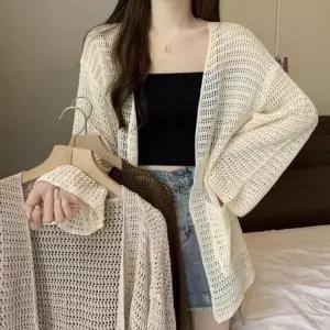 [하프클럽/]패션스타일 그물 여름 통 펀칭 노버튼 가디건 짜임 소매 얇은