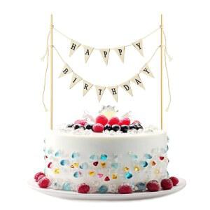 베이지 핸드메이드 생일 축하 케이크 토퍼 - 배너, 토퍼, 갈랜드, 간판 & 부케 우드 폴 포함