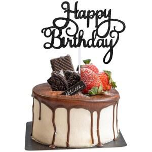 피리우오 생일 축하 케이크 토퍼 글리터 '생일 축하해' 픽 블랙