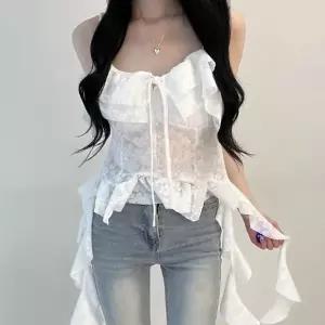 여자 볼드숄더 프릴 캡내장 끈 비침 블라우스