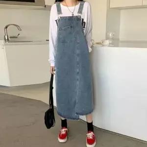 멜빵스커트 트임 언발란스 데님 편한 이 청 데일리