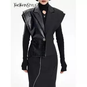 TWOTWINSTYLE 가죽 블랙 Y2k 조끼 여성용 V 넥 민소매 컷 아웃 솔리드 미니멀리스트 자켓 의류 2022