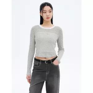 에잇세컨즈 강연 스트라이프 긴소매 티셔츠 카키 라운드넥티셔츠 355341LY8H