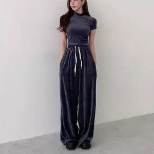 여성 캐주얼 벨벳 반목 반팔 와이드핏 팬츠 세트