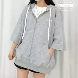 유스히얼 오버핏 반팔 후드집업 점퍼