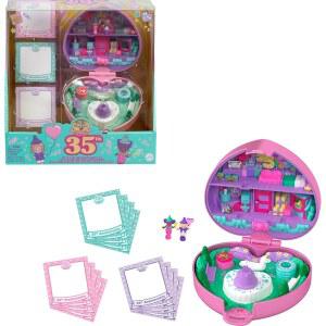 Polly Pocket 인형 및 놀이 세트, 컬렉터 헤리티지 컴팩트, 35번째 생일 파티 타임 스탬퍼, 마이크로 2개, 스탬프 3개 고정 카드 12개 포함