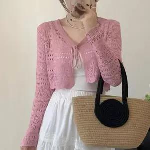 여름니트 시스루 그물망 니트 볼레로 가디건 여성 여름 긴팔 레이스 크롭 미니
