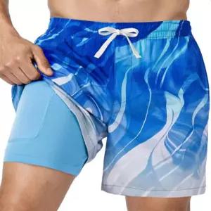 남성용 2 in 1 수영 트렁크 퀵 드라이 비치 보드 반바지 포켓 수영복 캐주얼 휴가용 Small Solid Navy
