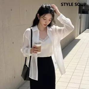 백 슬릿 리본 타이 시스루 셔츠(SC4LSE1)