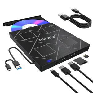 노트북용 5-IN-1 익스트림 CD/DVD 드라이브 USB 3.0 및 TYPE-C 휴대용 RW 버너(SD /TF 카드 리더 DVD-ROM 재작성 가능 플레이어 포함) 노트북 PC 데스크톱 WINDOWS 11 /10 /8 /7 LINUX MAC OS와 호환되는 MD0