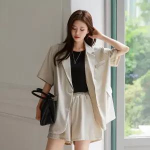[시크폭스] [SET] 플로트 오버핏 린넨 반팔 자켓 + 밴딩팬츠