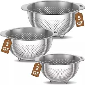 골든 키 주방용 3Pcs 스테인리스 스틸 소쿠리 세트 - 2QT/3QT/5QT 파스타 배수 야채 세척 뜨거운 음식 및