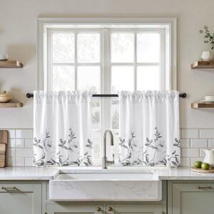 HOMEIDEAS 주방 커튼, 짧은 비침투 프라이버시 30X24인치 길이 티어 회색 및 흰색 잎 꽃무늬 인쇄 조명 필터링 욕실 카페용 반투명 작은 창문 2개의 패널