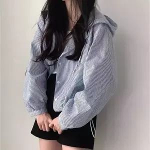 [하프클럽/]블라우스 세로 여자 아우터 셔츠 숏점퍼 스트라이프 후드