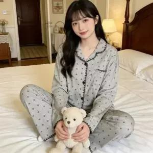[하프클럽/]봄가을 여성 긴팔 면 카라 데일리면 파자마
