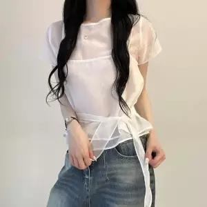 /옷자락 여자 하객룩 시스루 반팔 블라우스