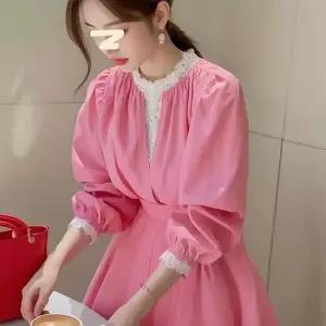 미중 여성 긴팔 셔츠 봄 가을 레이스 부드럽고 감미로운 청순한 허리조임 라운드넥 긴팔