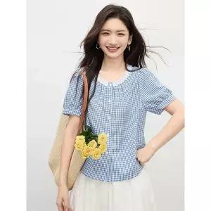 반팔 블라우스 여성 블라우스 블루 화이트 체크 퍼프 소매 블라우스 블라우스예쁜옷 레이스 블라우스