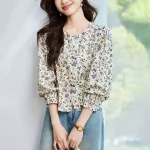 여성 면 플라워 프린트 긴팔 블라우스 캐주얼 라운드넥 맨투맨 긴팔티