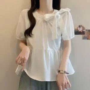 여성 반팔 블라우스 여름 루즈핏 레이스 리본 포인트 퍼프 소매 패치워크 큐티 a라인 상의