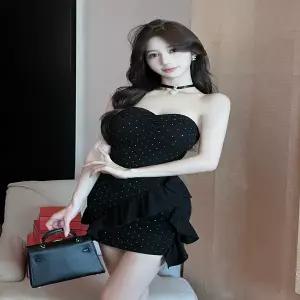 쉬폰 원피스 한 스트랩리스 버스트 숏 스커트 오프숄더 플리츠 슬림핏 바디콘 드레스 여성스러운 스타일 하