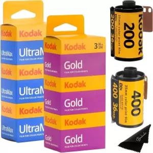 코닥 울트라맥스 400 골드 200 35mm 필름 번들 롤 6개(각각 36개) 발벨리 극세사 천 포함